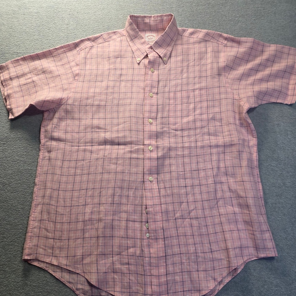 Brooks Brothers Mens Large Pink Linen Windowpane Short Sleeve‎ Button Shirt
